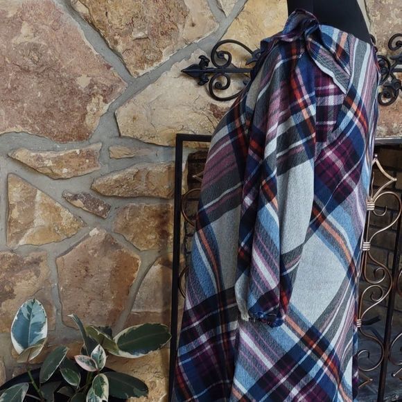 Madison Leigh Plaid Ruffle Shoulder 3/4 Sleeve Swing Dress‎ Sz L - Picture 4 of 12